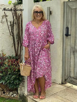 Women's Crushed Flower Printing V-Neck Medium and Long Dress Short Sleeve Dress