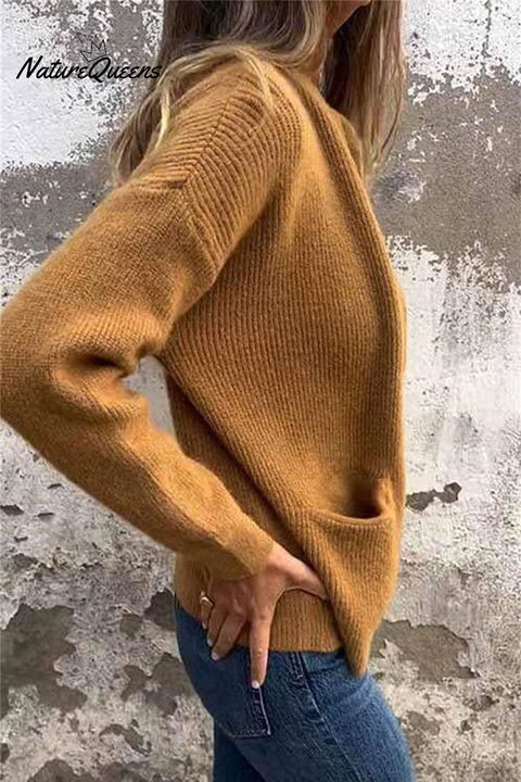 Solid Color Long Sleeve Zipper Pocket Casual Knitted Cardigan