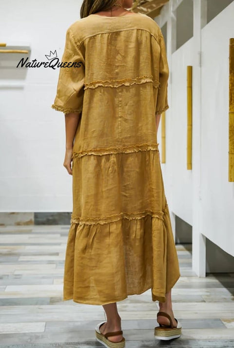 Women's Casual Solid Color Loose Ruffle Hem Cotton and Linen Dress