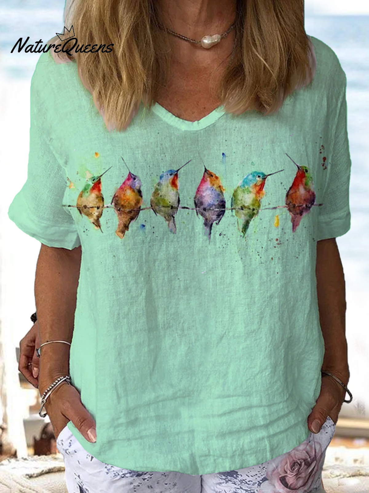 Jfn Cotton & Linen Watercolor Hummingbirds Print Lounge Top