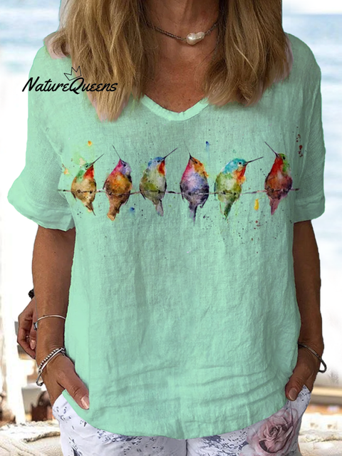 Jfn Cotton & Linen Watercolor Hummingbirds Print Lounge Top