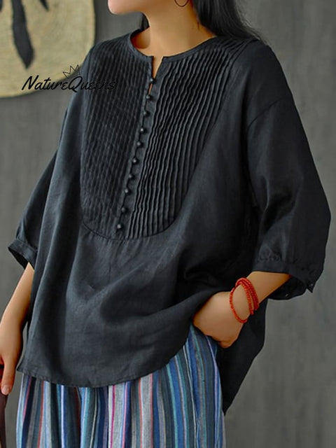 Women’s Pleated Round Neck Casual Cotton And Linen Shirt Black / M