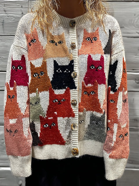 Women's Cat-themed Embroidered Cardigan Sweater