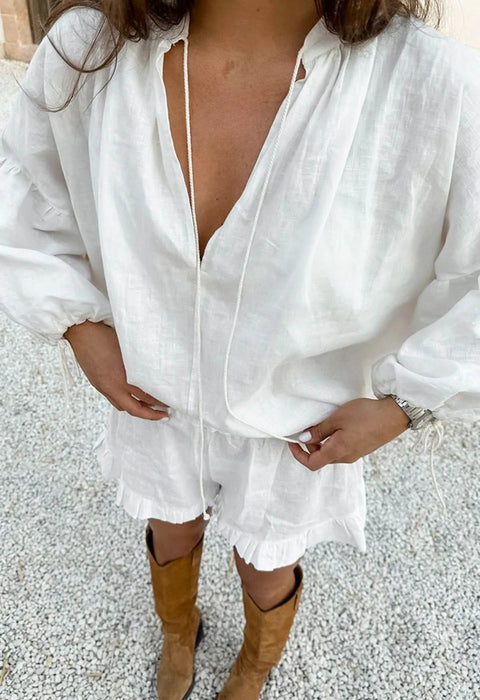 Women's Lantern Sleeve Drawstring Shirt and Shorts Set