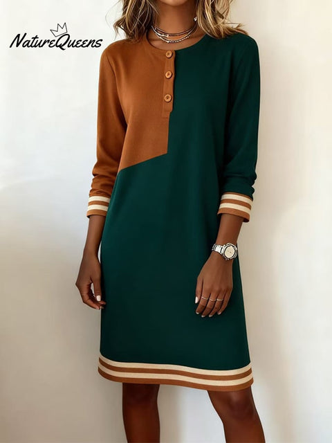 Women'S Casual Round Neck Contrast Color Long Sleeve Dress