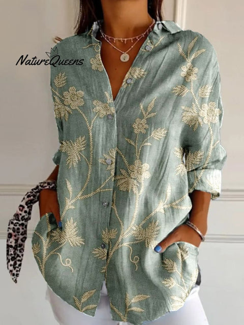 Women's Elegant Embroidered Floral Pattern Linen Blend Street Shirt