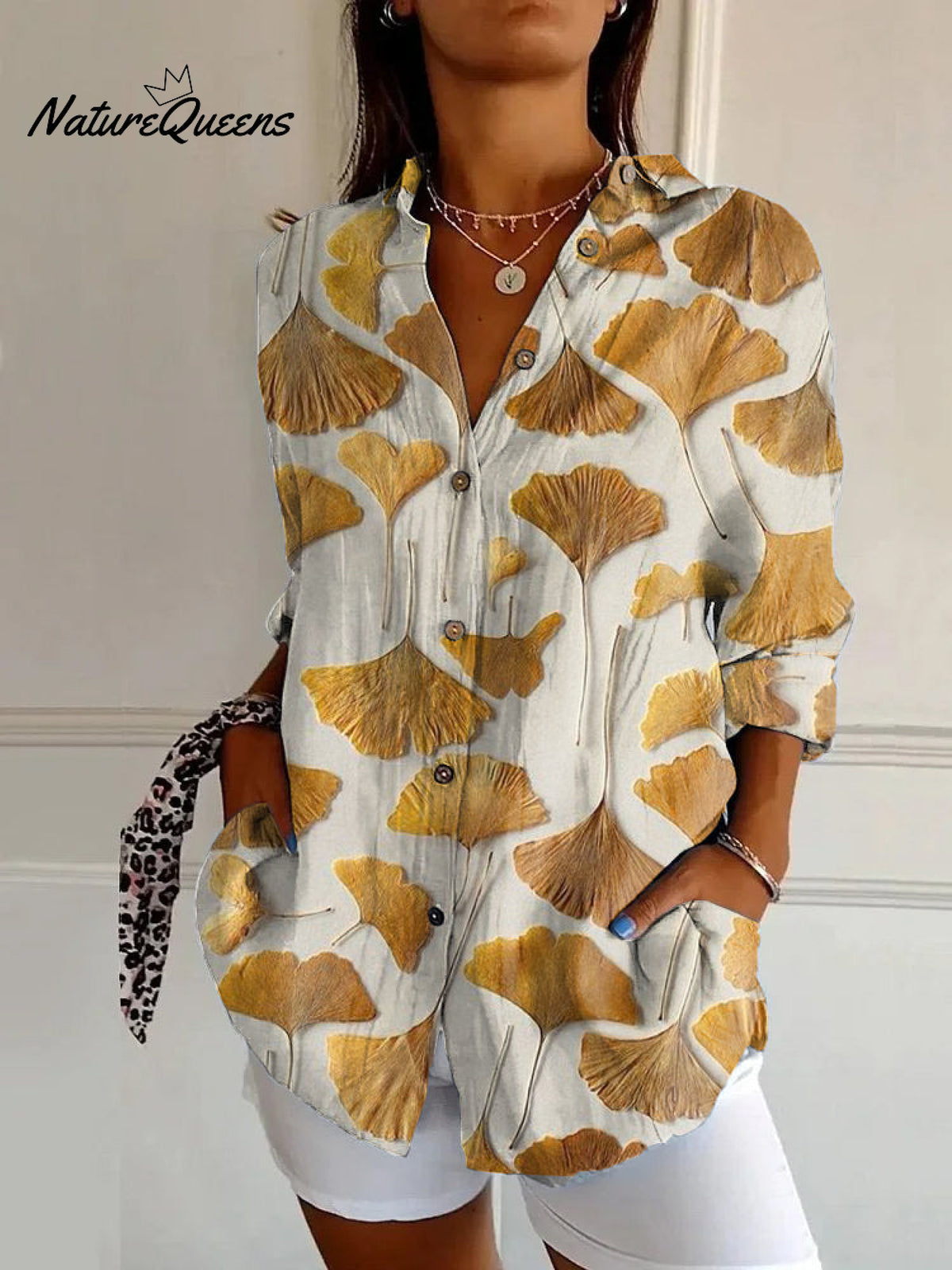 Japanese Art Ginkgo Leaf Print Casual Long Sleeve Shirt