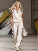 Color-blocked Top And Pants Cotton And Linen Set