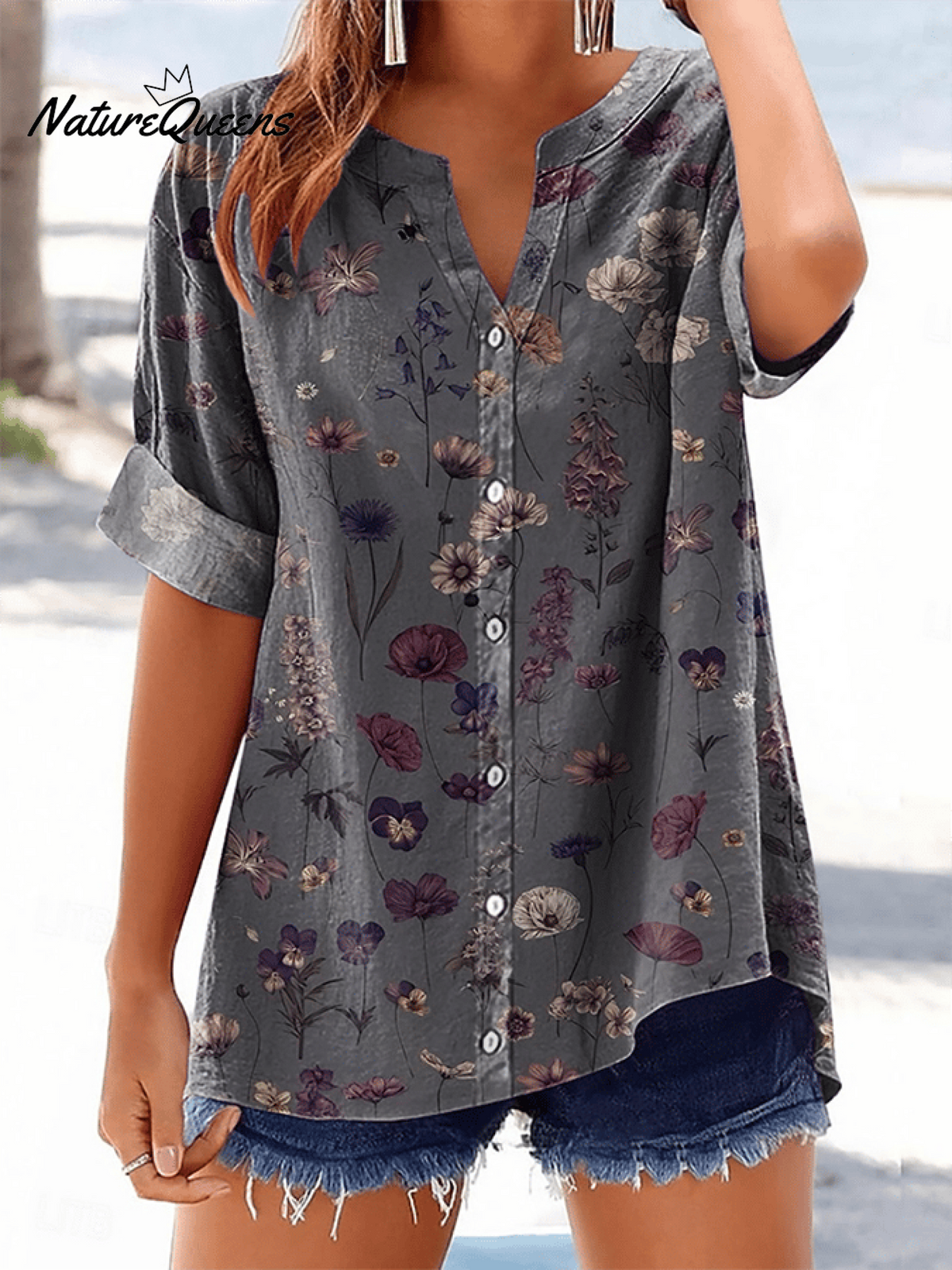 Women's Retro Botanical Floral Button Design V-Neck Three-Quarter Sleeve Shirt