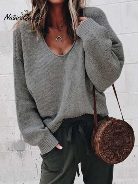 Women's Solid Color Casual V-Neck Sweater