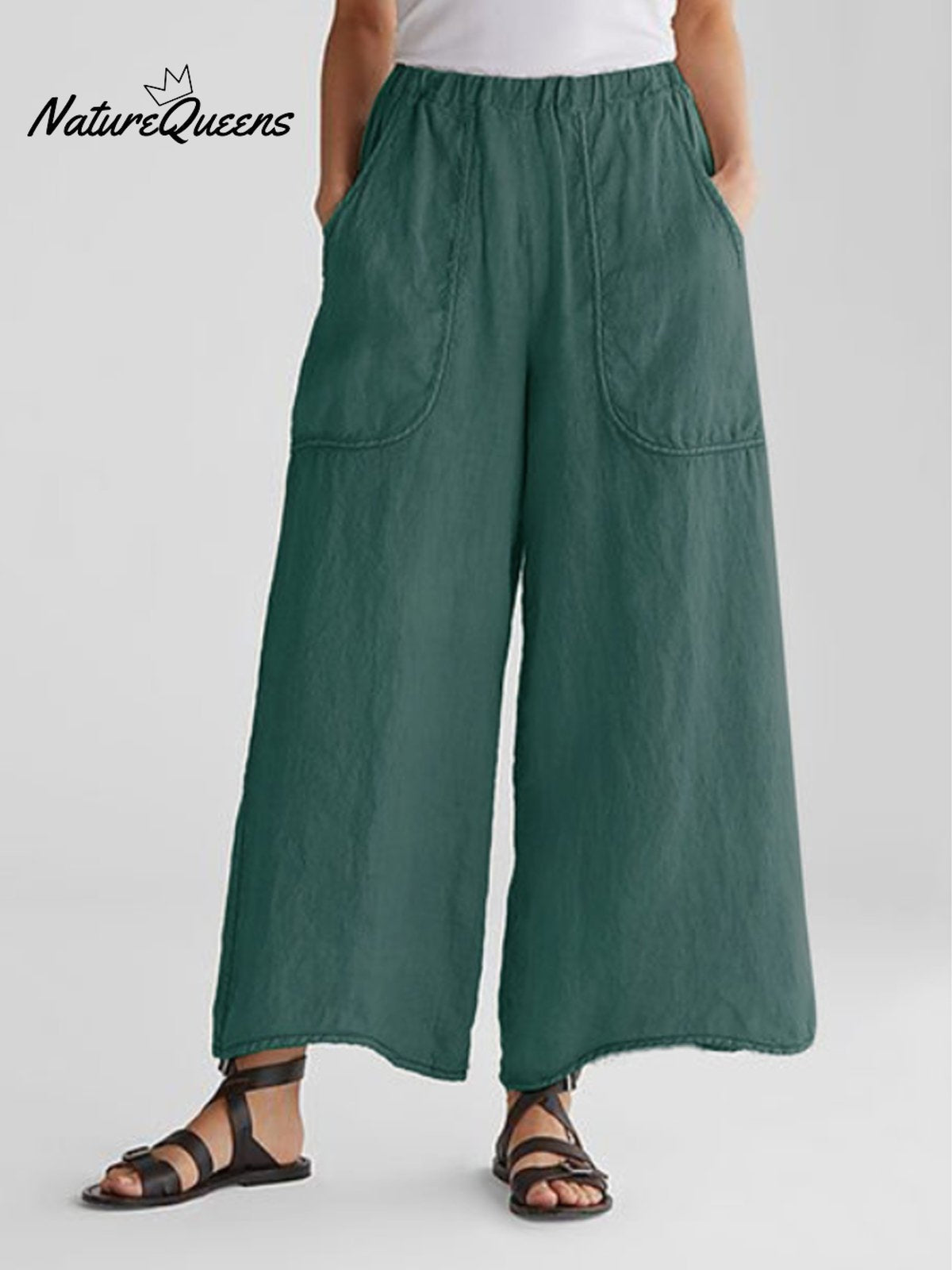 Summer Women Pant Flat Pan Linen Pocket Dark Green / S