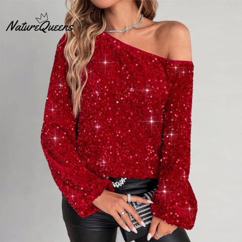 Women's Party Red Sequin One Shoulder Long Flare Sleeve Top