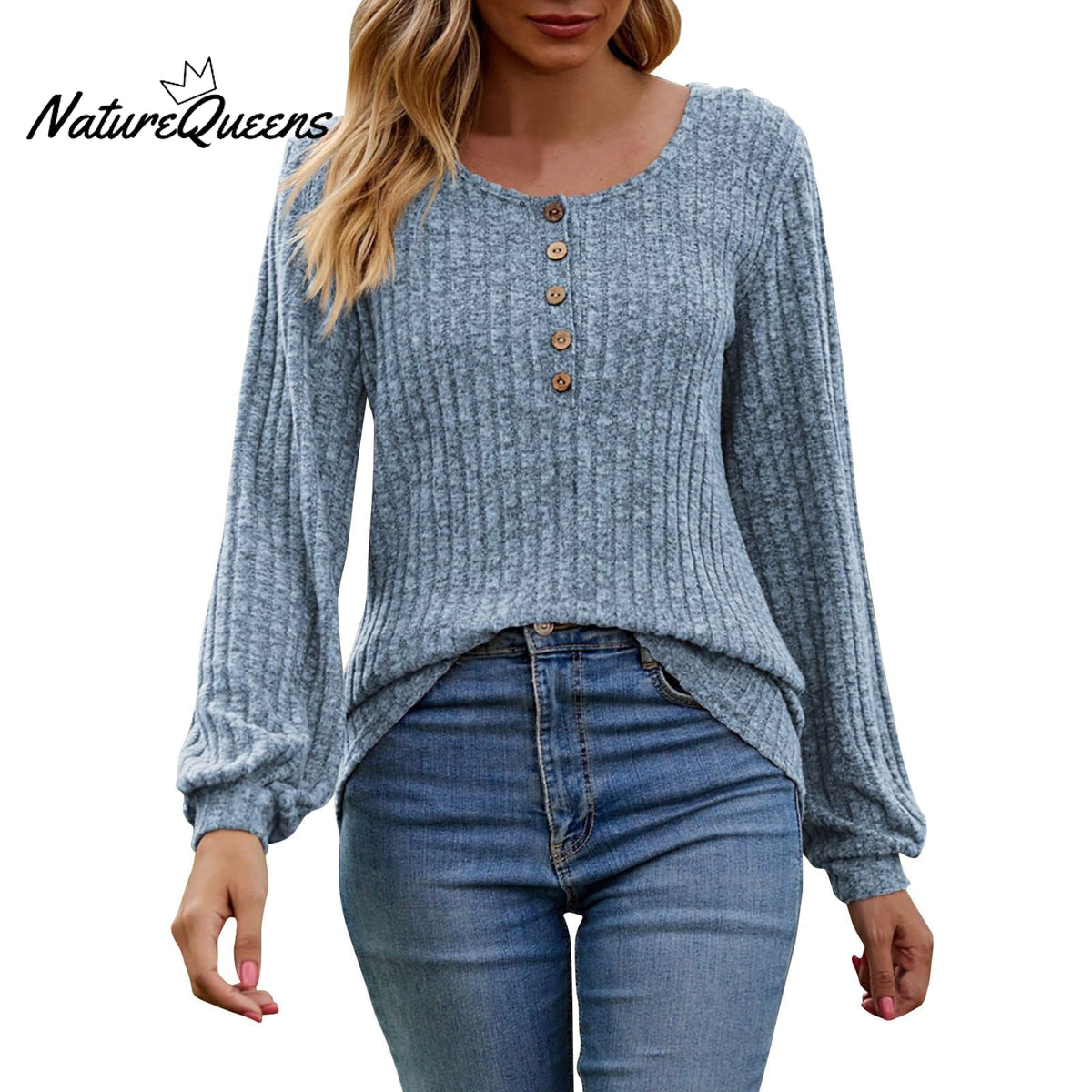 Women's Fall Button Scoop Neck Puff Long Sleeve Henley Shirts