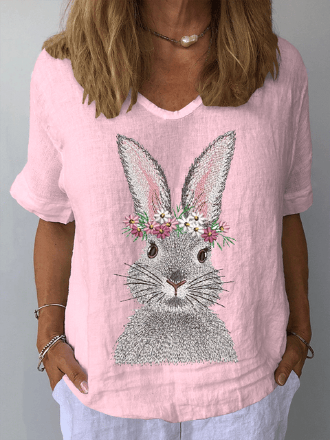 Women's Easter Bunny Print Casual V-Neck Top