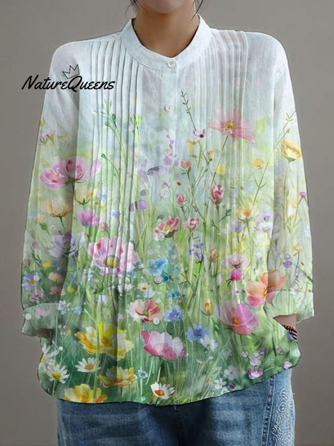 Women's Casual Loose Floral Cotton And Linen Shirt