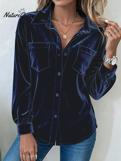 Women'S Casual Lapel Long-Sleeved Velvet Top
