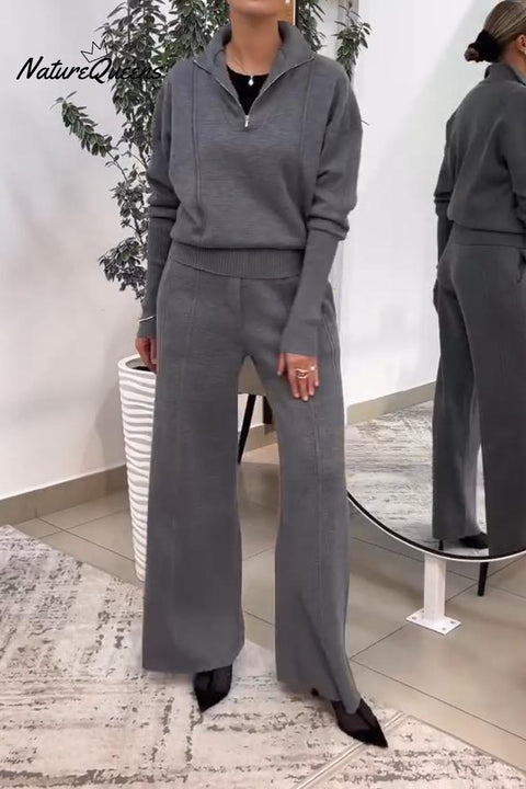 Women's casual, simple and fashionable zipper lapel two-piece set