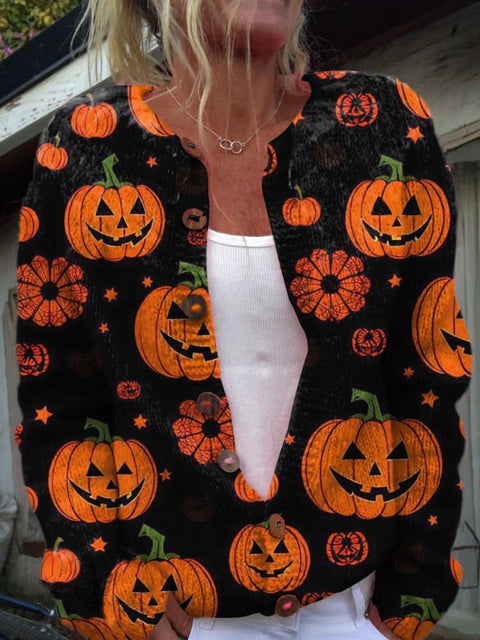 Halloween Pumpkin Print Buttoned Cardigan Sweater