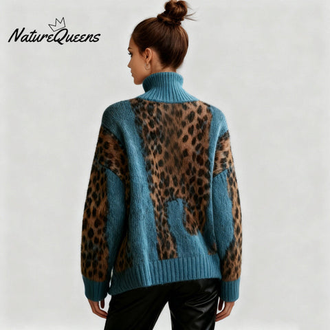 Women's Blue Leopard Print Half-Zip Stand Collar Long Sleeve Loose Knit Sweater