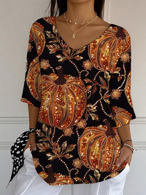 Women's Autumn Pumpkin Sequin Print Casual Top