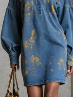 Casual Plain Raglan Sleeves Denim Shirt Collar Mini Dress