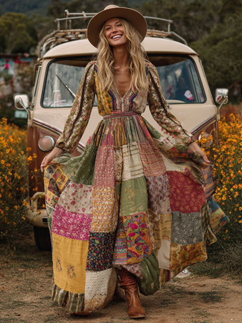 Countryside Style Collection Classy Patchwork Floral Pattern Art Linen Long Sleeve Maxi Dress