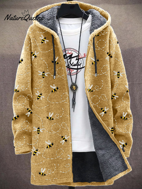 Men's Flying Bees Embroidered Cozy Plush Hooded Coat