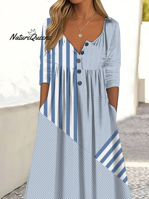 Women's Casual Button Collar Contrast Geometric Pattern Print Dress