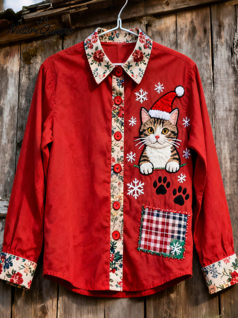Christmas Cat Patchwork Art Print Casual Shirt