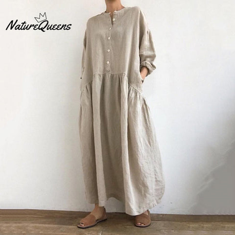 Women's Solid Color Button Cotton Linen Midi Dress