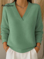 Women's Casual V-neck Waffle Knit Long-sleeved Top