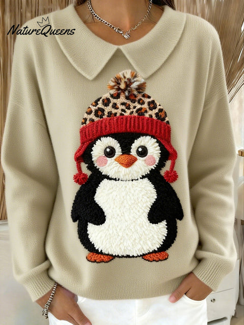 Women's Winter Cute Penguin Print Lapel Top