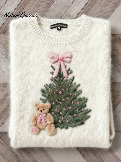 Fuzzy Bear & Christmas Tree With Pink Bow Knot Cozy Sweater