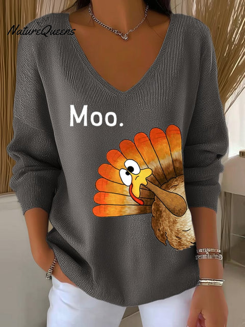 Women's Thanksgiving Turkey Moo Print Knit Top