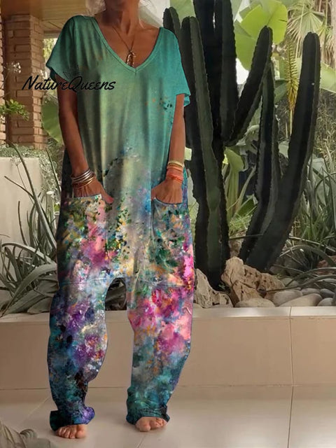 Casual Floral Print V-neck Jumpsuit