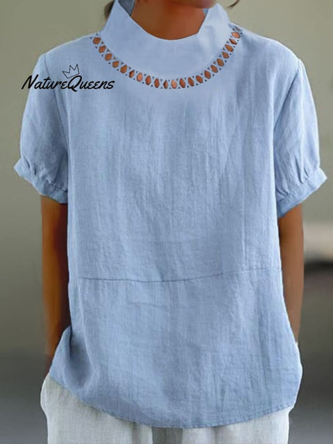 Solid Color Cotton And Linen Top Blue / S