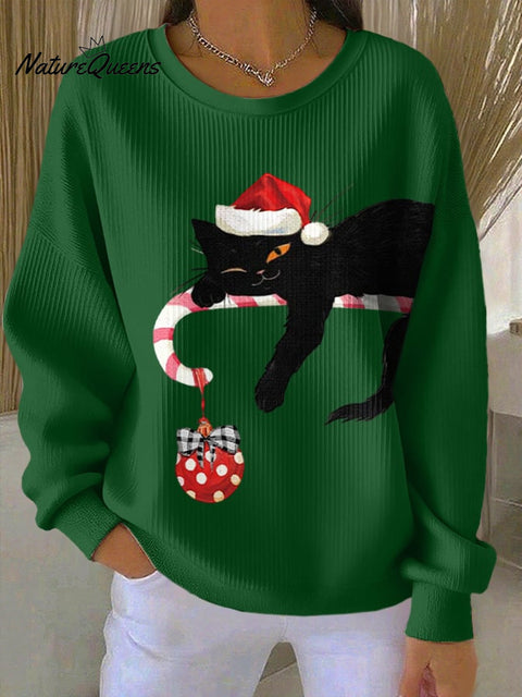 Women's Retro Christmas Cat Print Round Neck Sweatshirt
