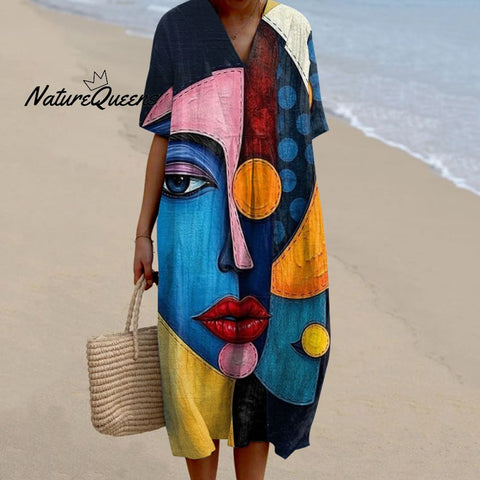 Women's Pop Art Patchwork Human Face Cotton Line Dress