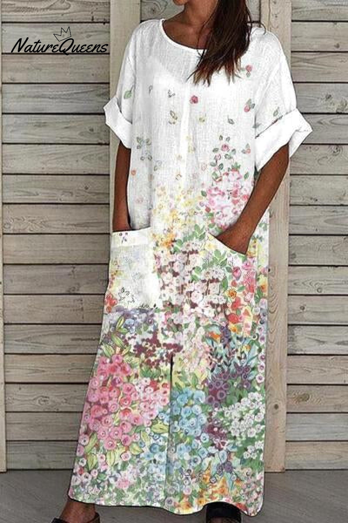 Women's Color Positioned Floral Print Linen Pocket Dress