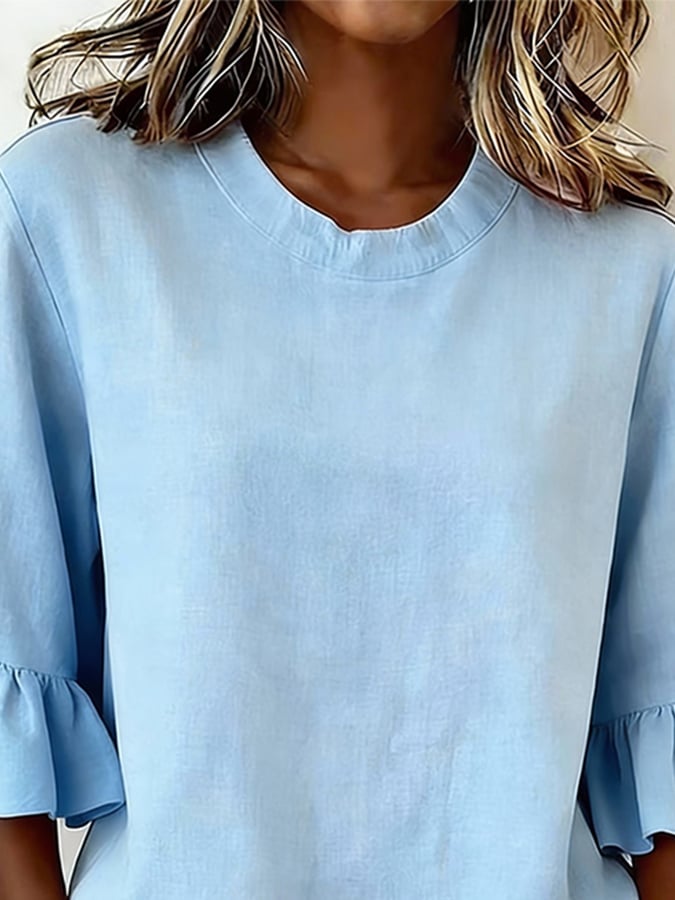 Women'S Solid Color Round Neck Flared Sleeve Top