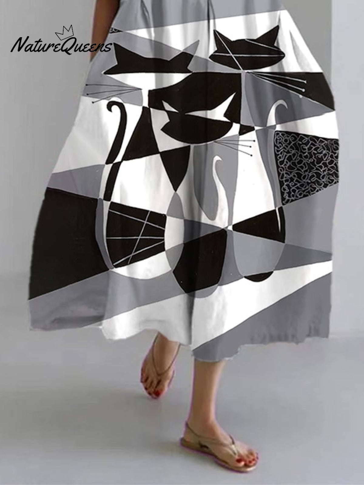 Women's Cute Cat Short Sleeve Linen Blend Midi Dress