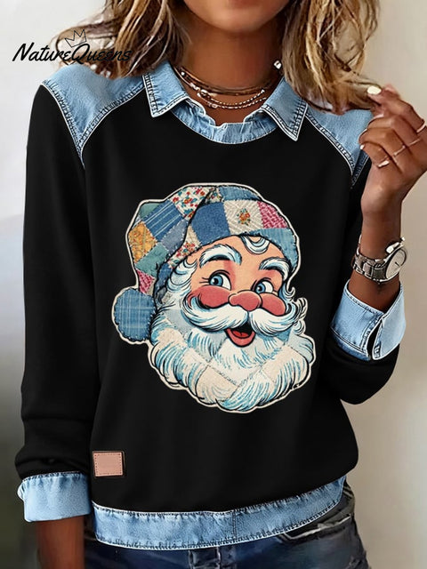 Women's Casual Christmas Print Lapel Long Sleeve Top