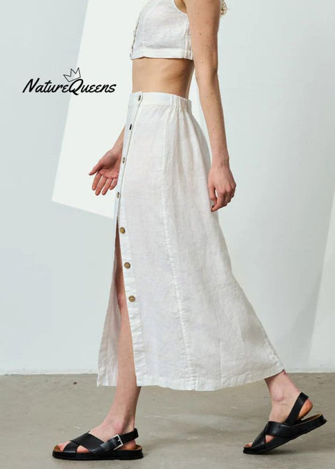 Original Design White Elastic Waist Side Open Linen Skirts Summer