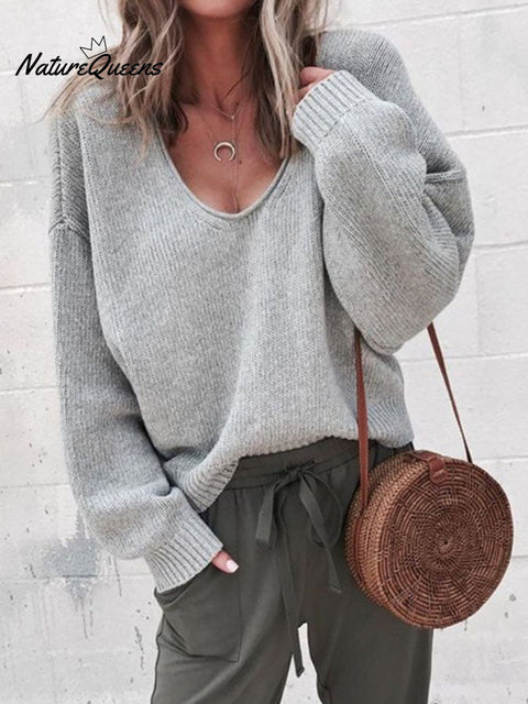 Women's Solid Color Casual V-Neck Sweater