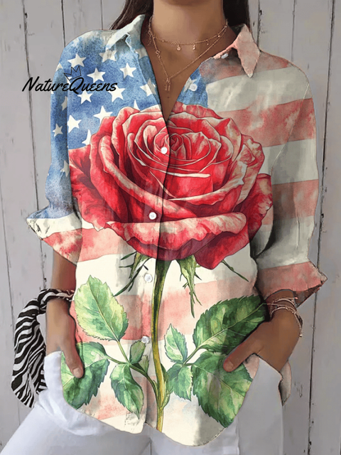 Women's Independence Day Floral Casual Lapel Shirt