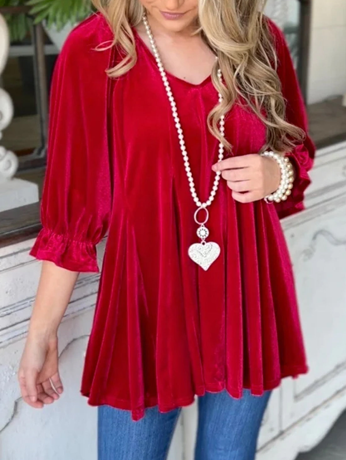 Daily V Neck Puffy Sleeve Flowy Christmas Solid Velvet Top