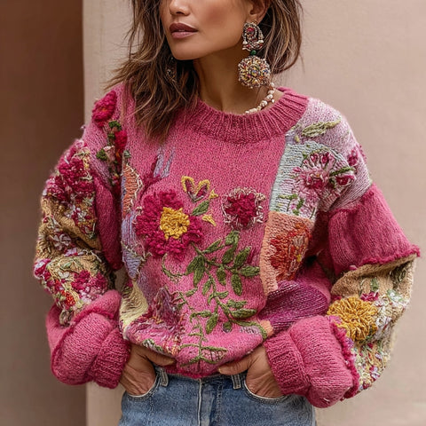 Women's Bohemian Floral Embroidery Art Cozy Knitted Sweater