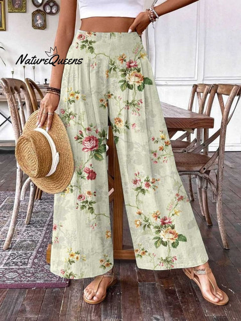 Women's Rose Floral Pattern Cotton Wide Leg Pants