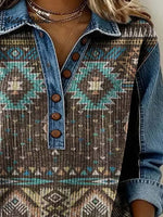 Women'S Casual Color-Block Printed Patchwork Pullover Sweatshirt