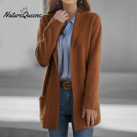 Women's Knitted Lapel Collar Long Sleeve Patch Pockets Mid-Length Sweater Cardigan